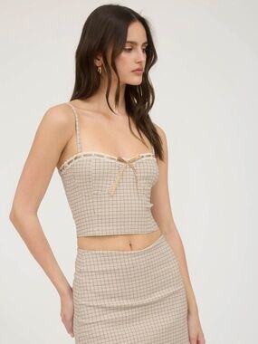 Plaid Lace Trim Crop Top in Beige with Sweetheart Neckline Sm Med Lg